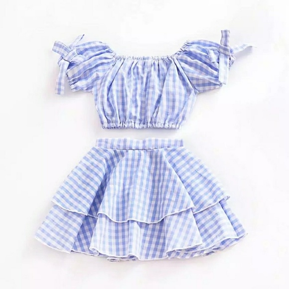 Toddler Girl Plaid Print Off Shoulder Bowknot Set - Picture 5 of 7